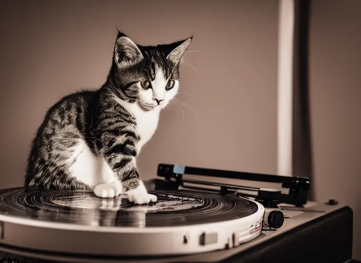 Image similar to photography of a Cat sitting on a record player. in a room full of posters, photorealistic, raining award winning photo, 100mm, sharp, high res