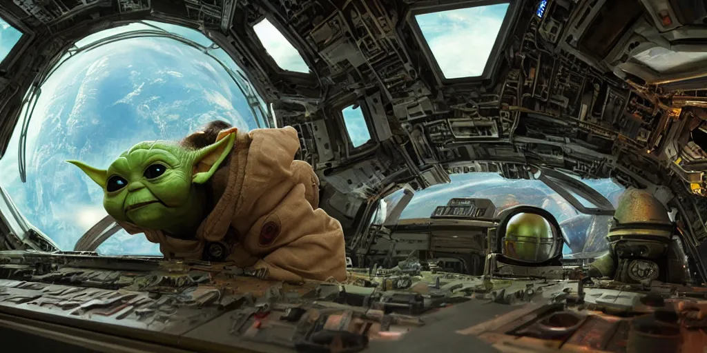 Image similar to a 3 d rendered movie still, wide - angle shot, 1 0 0 meter in the distance, baby yoda wearing a spacesuit, and exploring cosmos in a super awesome space ship. dramatic lighting, imax, 7 0 mm. science fiction blockbuster movie, silent running.
