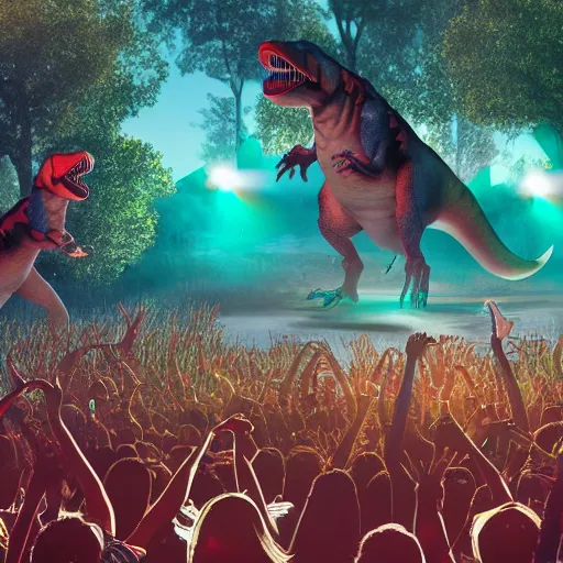 Image similar to a group of dinosaurs having a rave party at boom festival main stage, rendered in octane