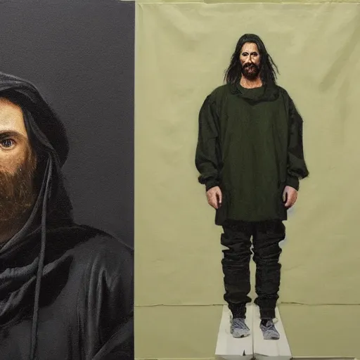 Image similar to a full body lookbook portrait of modern - day jesus wearing olive green yeezy menswear collection by nicola samori, hat and hoodie, detailed, oil painting, hyper realistic, 8 k, yeezy collection