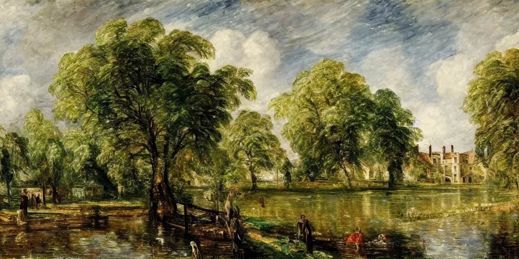 Prompt: Portrait of a park with a lake and large Manor house in the background, well lit, colourful, detailed, painting in the style of John Constable