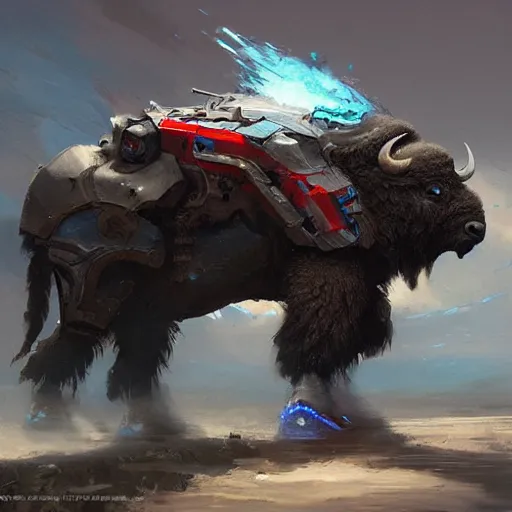 Prompt: mechanized buffalo with blue, white and red body armor, digital art, realistic, ultradetailed, concept art, art by greg rutkowski and thomas kinkade, trending on artstation, devianart, cgsociety