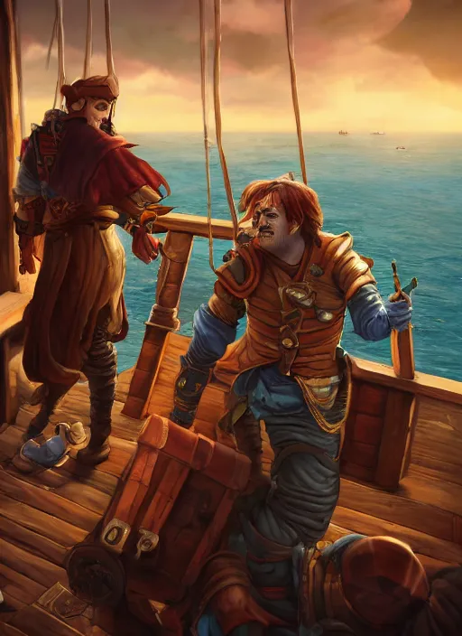 Image similar to an epic fantasy comic book style portrait painting of two bumbling idiot sky - pirates on the deck of a skyship looking at a chest, unreal 5, daz, hyperrealistic, octane render, cosplay, rpg portrait, dynamic lighting, very detailed faces