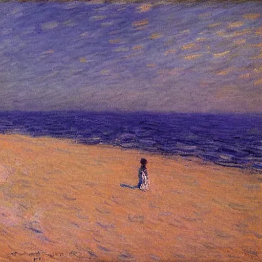 Prompt: Nostalgic beach which is bright up close and dark far away, with two people floating on the sand, by claude monet