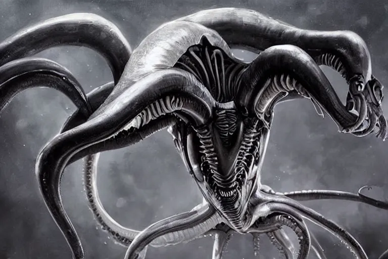 Image similar to ultra realist soft painting of a single xenomorph so scary one glance is enough to drive a man insane, tentacles, eyes, very intricate details, ultra dense fog, golden ratio, volumetric black and white lighting, reflections, refractions, symmetry accurate anatomy features, unreal render