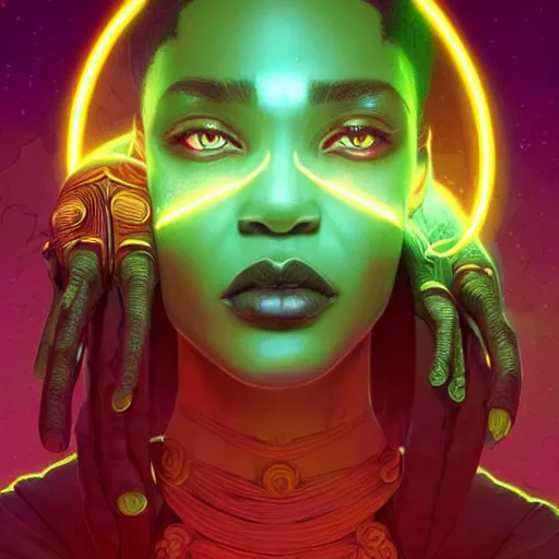 Prompt: african neon necromancer, science fiction, highly detailed, digital painting, beautiful eyes, symmetry, concept art, sharp focus, illustration, global illumination, radiant light, synthwave colors, detailed and intricate environment, art by artgerm and greg rutkowski and magali villeneuve and ilya kuvshinov!