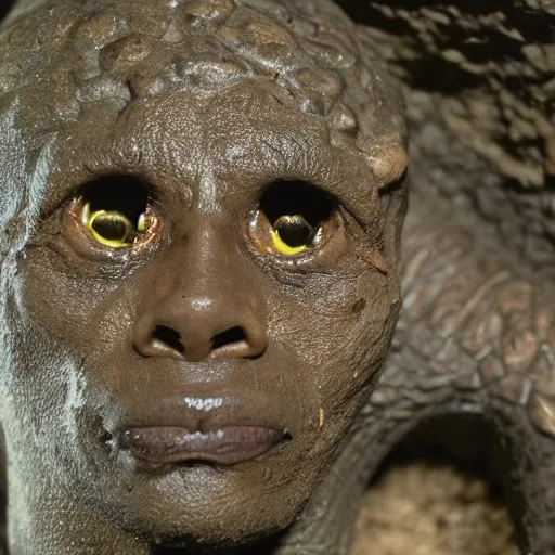 Image similar to photo inside a cavern of a wet reptilian humanoid miles davis partially hidden behind a rock, with black eyes, open mouth and big teeth