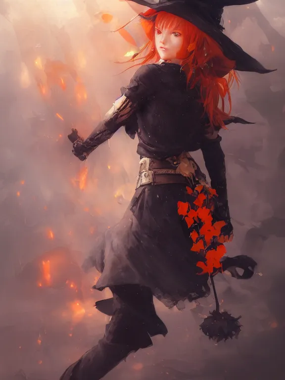 Image similar to Full shot of a cute mischievous young witch about to get up to some trouble. Black and Orange palette. By Ruan Jia and Artgerm and Range Murata and WLOP and CLAMP. Key Art. Fantasy Illustration. award winning, Artstation, intricate details, realistic, Hyperdetailed, 8k resolution.