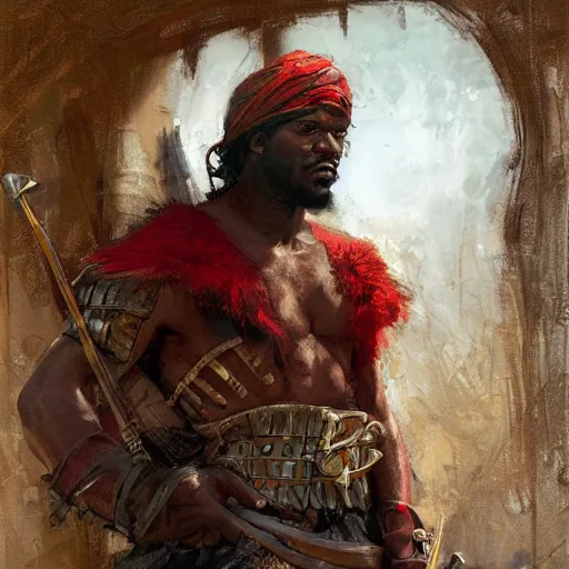 Prompt: a medieval bandit, african, brawny, gearing up for battle, candid, red accents, fantasy character portrait by gaston bussiere, craig mullins