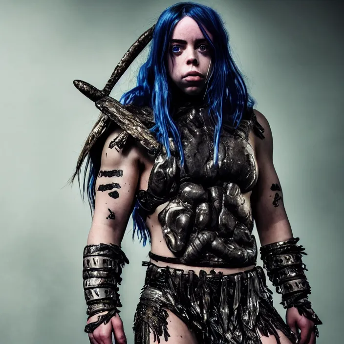 Image similar to full length photo of billie eilish as an muscular amazon warrior, highly detailed, 4 k, hdr, smooth, sharp focus, high resolution, award - winning photo