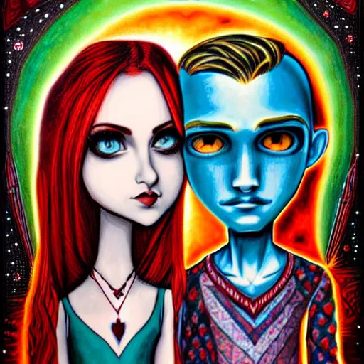 Image similar to perfectly centered symmetrical split male and female portrait of man and woman in love sharing one heart. art by jasmine becket griffith