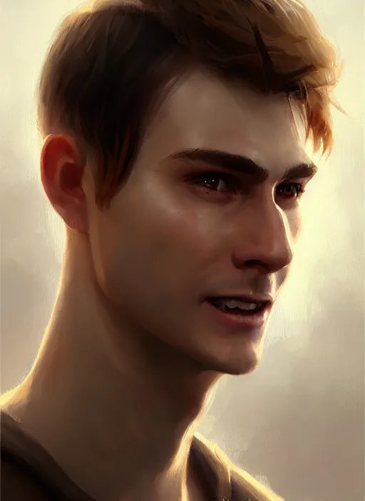 Image similar to a _ fantasy _ style _ portrait _ painting _ of white male short fringe light brown hair short head smiling clean shaven round face rpg dnd oil _ painting _ unreal _ 5 _ daz. _ rpg _ portrait _ extremely _ detailed _ artgerm _ greg _ rutkowski _ greg