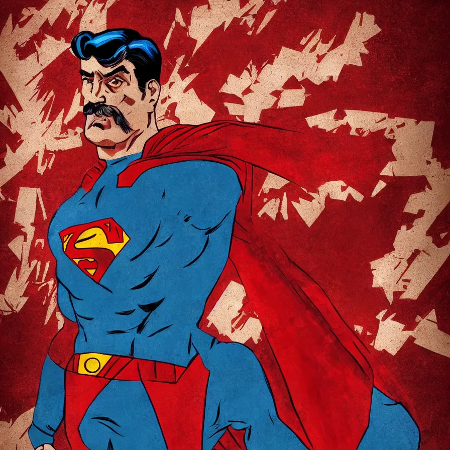 Image similar to stalin as superman, red son, socialist realism, sovietwave aesthetic, hammer and sickles, solitude, groundbreaking, award winning, breathtaking, superb, hyper realistic, detailed picture, intricate digital art, trending artstation, 8 k, unreal 5, octane render, vfx, volumetric lighting, rich moody colors, fan art, concept art