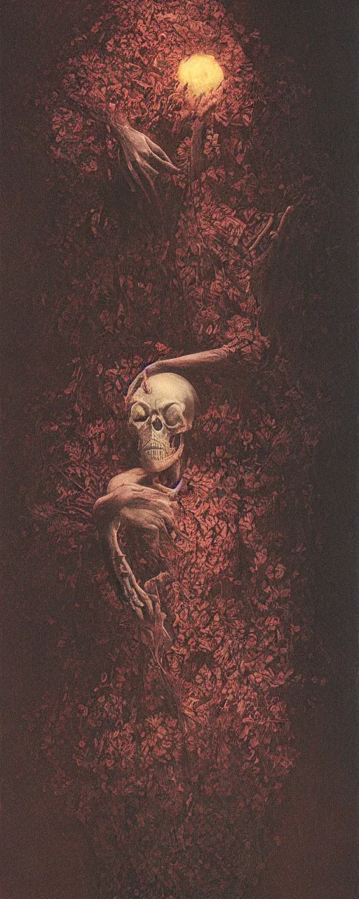 Image similar to death tending to a beautiful dried flower in a dark room, zdzislaw beksinski, arthur rachham, stephen gamell, 8 k, artstation, interior