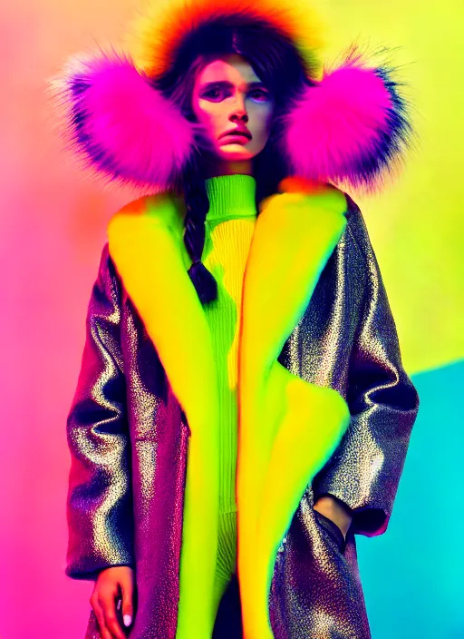 Image similar to coat for a rave With fur, hairstyle, earrings, bright soft colors, soft yellow background, many details, prints, photo for a magazine, photo for a store, fashion photography, Vogue, low angle photo, wide angle , cinematic, hyper realism, high detail, octane render, 8k, chrome accents, very coherent symmetrical artwork, perfect face model, Soft light, Reduced contrast