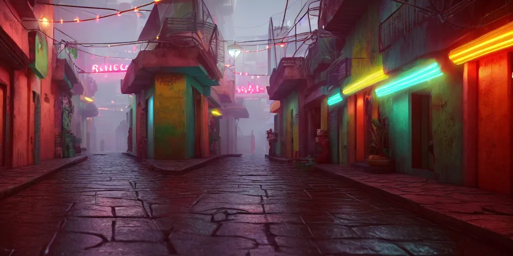 Image similar to a futuristic small mexican town cobbled street, blade runner 2 0 4 9 guanajuato alleys, futuristic colonial city architecture, mexican dia de muertos decorations, environmental lighting, stromy weather, ray tracing, amazing view, highly detailed, neon shops, octane render, unreal engine 5, 4 k