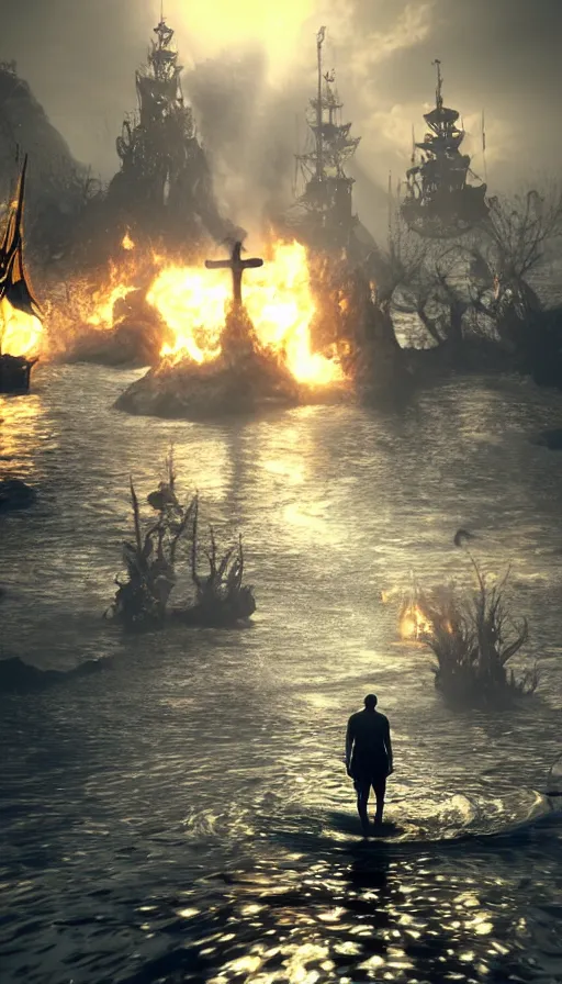 Prompt: man on boat crossing a body of water in hell with creatures in the water, sea of souls, with cryengine