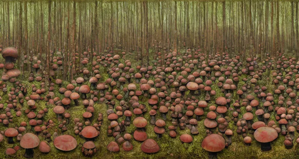 Image similar to A tribal village in a forest of giant mushrooms, by Dan Witz