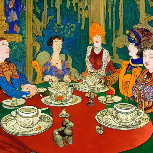 Image similar to detailed Ivan Bilibin and Edmund Dulac and James Jean inspired painting of mech robots having tea with the queen of England in 1953.