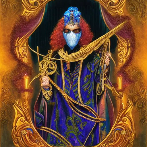 Prompt: Prince wearing venetian mask portait, ornate, flowing velvet robes, illustration by Michael Whelan and Pete Lyon, fantasy art, visionary art, acrylic painting, smooth blending
