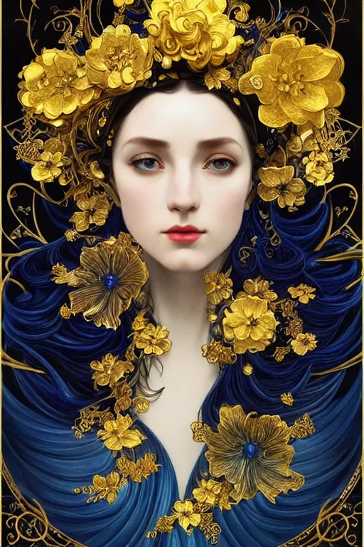 Image similar to beautiful black blue yellow, complicated gold and blue flowers in baroque style headwears, dark fantasy, intricate, elegant, highly detailed, digital painting, artstation, concept art, matte, 3 d 8 k octane rendered, sharp focus, illustration, octane rendered, art by artgerm and alphonse mucha, leesha hannigan