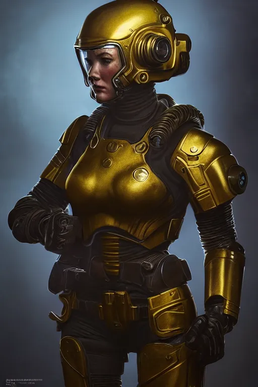 Image similar to unknown Fallout 5 character portrait, partially clothed in metal-plated ballistic armour, atmospheric lighting, painted, intricate, volumetric lighting, beautiful, golden hour, sharp focus, ultra detailed, by Leesha Hannigan, Ross Tran, Thierry Doizon, Kai Carpenter, Ignacio Fernández Ríos