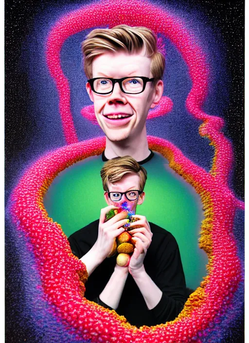 Image similar to hyper detailed 3d render like a Oil painting - friendly portrait of youtuber Hank Green in Aurora (Singer) seen Eating of the Strangling network of yellowcake aerochrome and milky Fruit and Her delicate Hands hold of gossamer polyp blossoms bring iridescent fungal flowers whose spores black the foolish stars by Jacek Yerka, Mariusz Lewandowski, Houdini algorithmic generative render, Abstract brush strokes, Masterpiece, Edward Hopper and James Gilleard, Zdzislaw Beksinski, Wolfgang Lettl, hints of Yayoi Kasuma, octane render, 8k