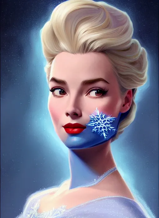 Image similar to Grace Kelly with Dark Blue Hair as Elsa from Frozen, western, D&D, fantasy, intricate, elegant, highly detailed, digital painting, artstation, concept art, matte, sharp focus, illustration, art by Artgerm and Greg Rutkowski and Alphonse Mucha, disney, masterpiece, stunning, artstation