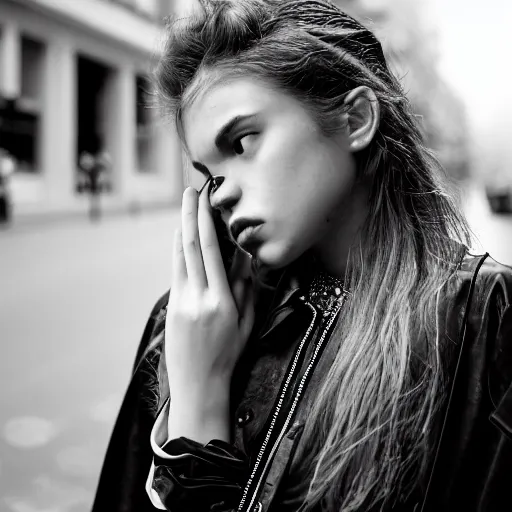 Image similar to black and white fashion photograph, highly detailed portrait of a depressed girl as a drug dealer on a busy Paris street, detailed face looking into camera, eye contact, natural light, rain, mist, lomo, fashion photography, film grain, soft vignette, sigma 85mm f/1.4 1/10 sec shutter, Daren Aronofsky film still promotional image, IMAX 70mm footage