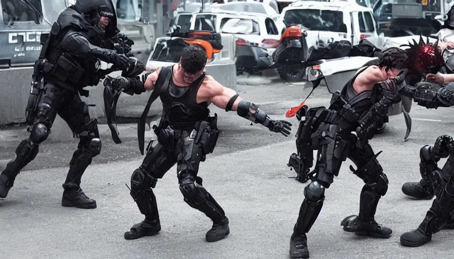 Image similar to big budget action movie about demonic battle cyborg fighting a policeman