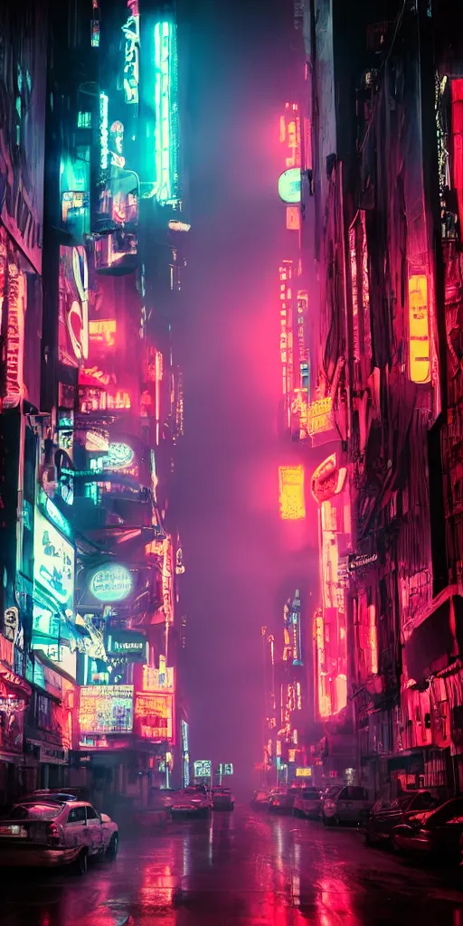 Image similar to city streets, neon signs, giant screens, eerie fog, blade runner, ex machina