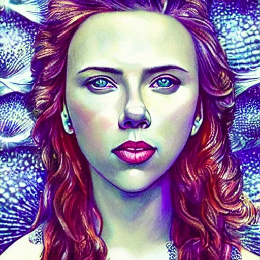 Image similar to “Scarlett Johansson portrait, fantasy, mermaid, cartoon, pearls, glowing hair, shells, gills, crown, water, highlights, starfish”