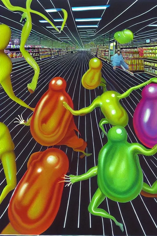 Image similar to a hyperrealistic painting of transparent blob creatures chasing people at the supermarket, by chris cunningham and richard corben, highly detailed, vivid color,