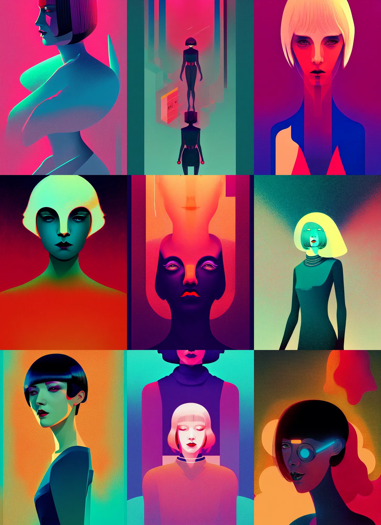 Prompt: ( ( dither ) ), editorial illustration portrait a woman like reol, modern art deco, colorful, ( ( mads berg ) ), christopher balaskas, victo ngai, rich grainy texture, detailed, dynamic composition, wide angle, moebius, matte print, volumetric