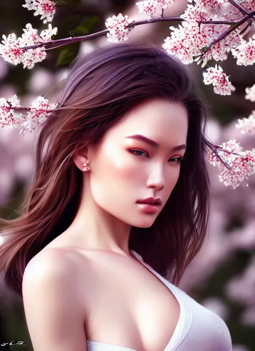 Image similar to photo of a gorgeous female in the style of stefan kostic, realistic, half body shot, sharp focus, 8 k high definition, insanely detailed, intricate, elegant, art by stanley lau and artgerm, extreme bokeh cherry blossoms