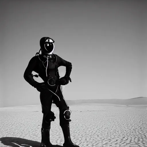 Prompt: a man wearing an old diving suit, in the desert, arriflex 35