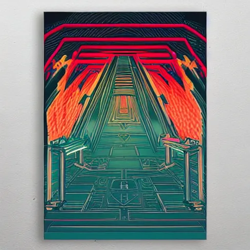 Image similar to psychedelic cyberpunk entrance to Mount Olympus, pencil on paper | bauhaus poster style.