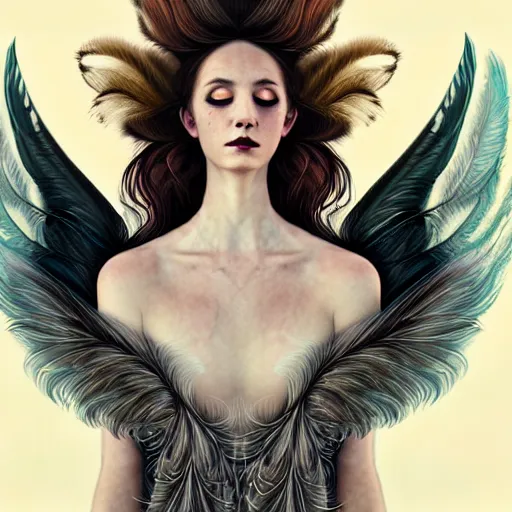 Image similar to portrait of a girl transforming into a feathered bird, covered in feathers, wings spread, taking flight, surreal, fantasy, intricate, elegant, dramatic lighting, emotional, symbolic metaphor, highly detailed, lifelike, photorealistic, digital painting, artstation, concept art, smooth, sharp focus, illustration, art by John Collier and Krenz Cushart and Artem Demura and Alphonse Mucha and Albert Aublet