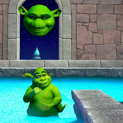 Image similar to shrek in a liminal space pool