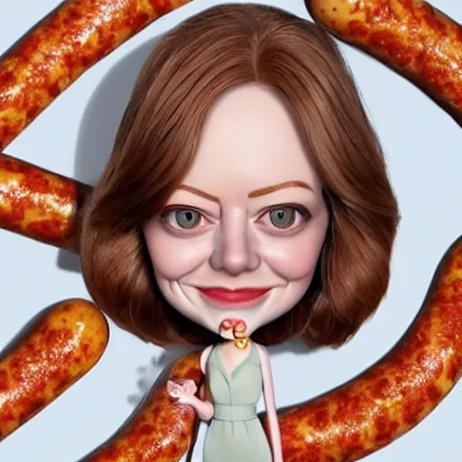 Image similar to hyperrealistic emma stone caricature surrounded by long fat frankfurter sausages by bob byerley and aardman animation, mascot, target reticles