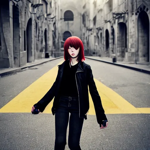 Prompt: 1 7 - year - old pale - skinned anime girl with black long bob cut, long bangs, black gothic jacket, black jeans, running through italian city, yellow sunshine, sepia sun, ultra - realistic, sharp details, subsurface scattering, intricate details, hd anime, 2 0 1 9 anime