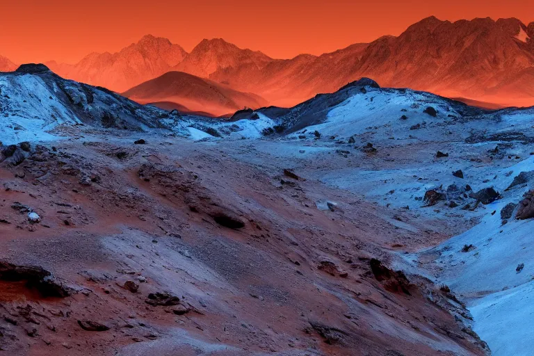 Image similar to mars frozen in mountains, wallpaper, beautiful, sunrise and sunset, 4 k