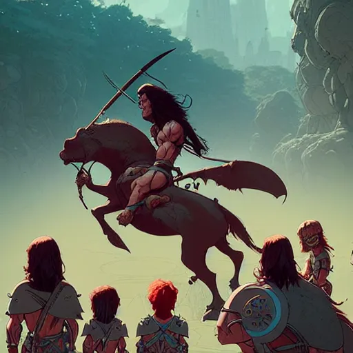 Image similar to conan the barbarian in the park, surrounded by children, illustration, wide shot, subtle colors, concept art by josan gonzales and wlop, laurie greasley, jordan grimmer and james jean, highly detailed, sharp focus, trending on artstation, hq, deviantart, art by artgem