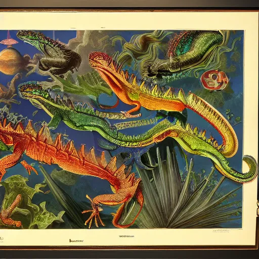 Prompt: dancing lizards by ernst haeckel, highly detailed matte painting, 8k