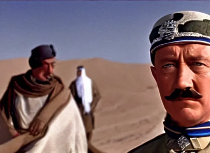 Prompt: a film still of adolf hitler in lawrence of arabia ( 1 9 6 2 ), technicolor