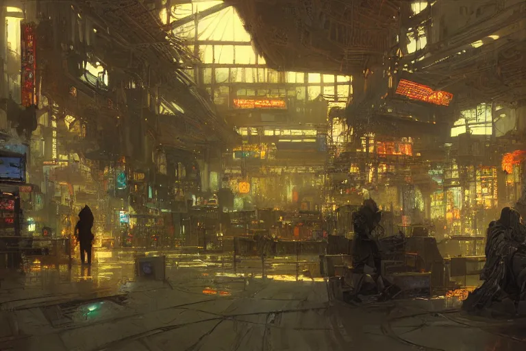 Prompt: cyberpunk market interior, intricate, elegant, highly detailed, john park, craig mullins, sparth, ruan jia, jeffrey catherine jones