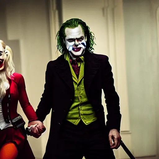 Image similar to heath ledger as the joker and margot robbie as harley quinn, posing shot, cinematic, ultra realistic, low lighting