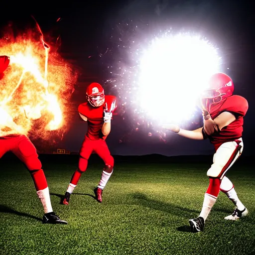 Prompt: 3 Football players play football with a fireball, space battle in the background, heroicб cinematic lighting