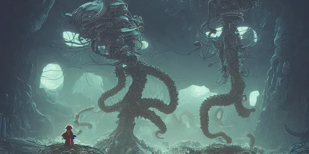 Image similar to highly detailed illustration of a nausicaa alien cephalopod in a world overgrown with fungus and spores, diffuse lighting, fog, stunning atmosphere, religious imagery, huge gargantuan black sun, muted colors, by kilian eng and james jean