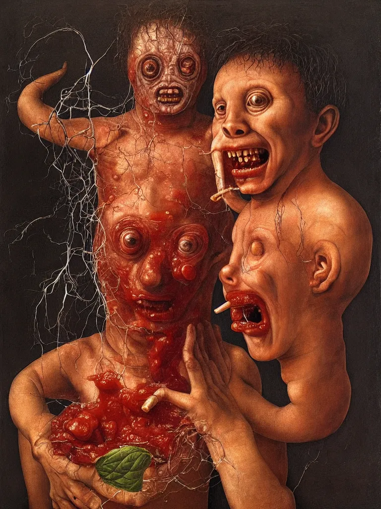 Image similar to a boy like eraserhead and elephant man sitting in a tub full of tomato sauce, looking straight into camera, screaming in desperation, by giuseppe arcimboldo and ambrosius benson, renaissance, fruit, intricate and intense oil paint, a touch of beksinski and hr giger and edward munch, realistic